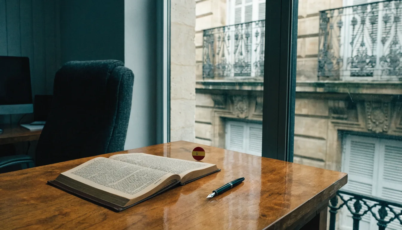 Escritorio de oficina legal en España con libro abierto y bandera española.