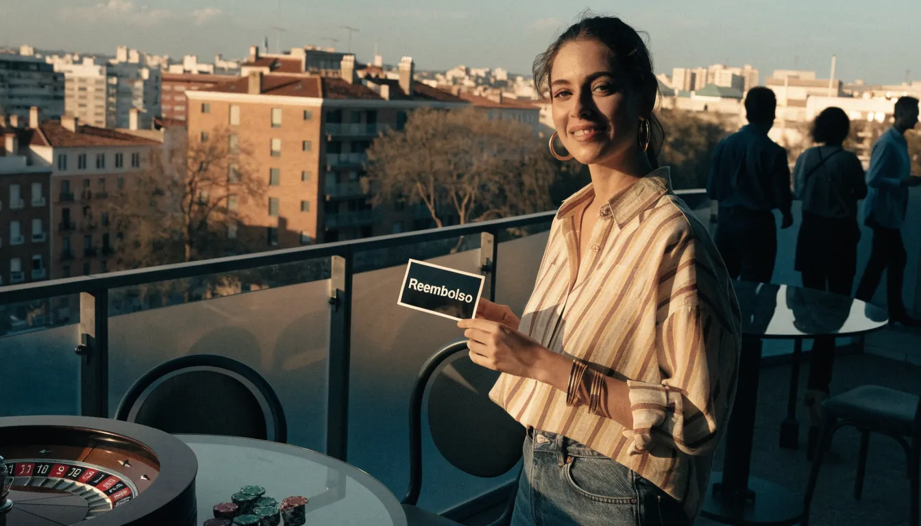 Mujer española sonriente con ticket de reembolso en terraza de casino.