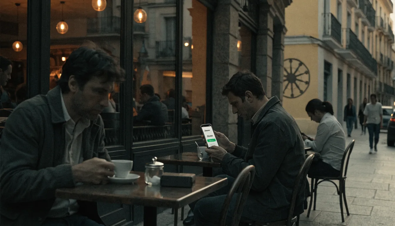 Terraza de café español al atardecer con personas usando Bizum en sus móviles.