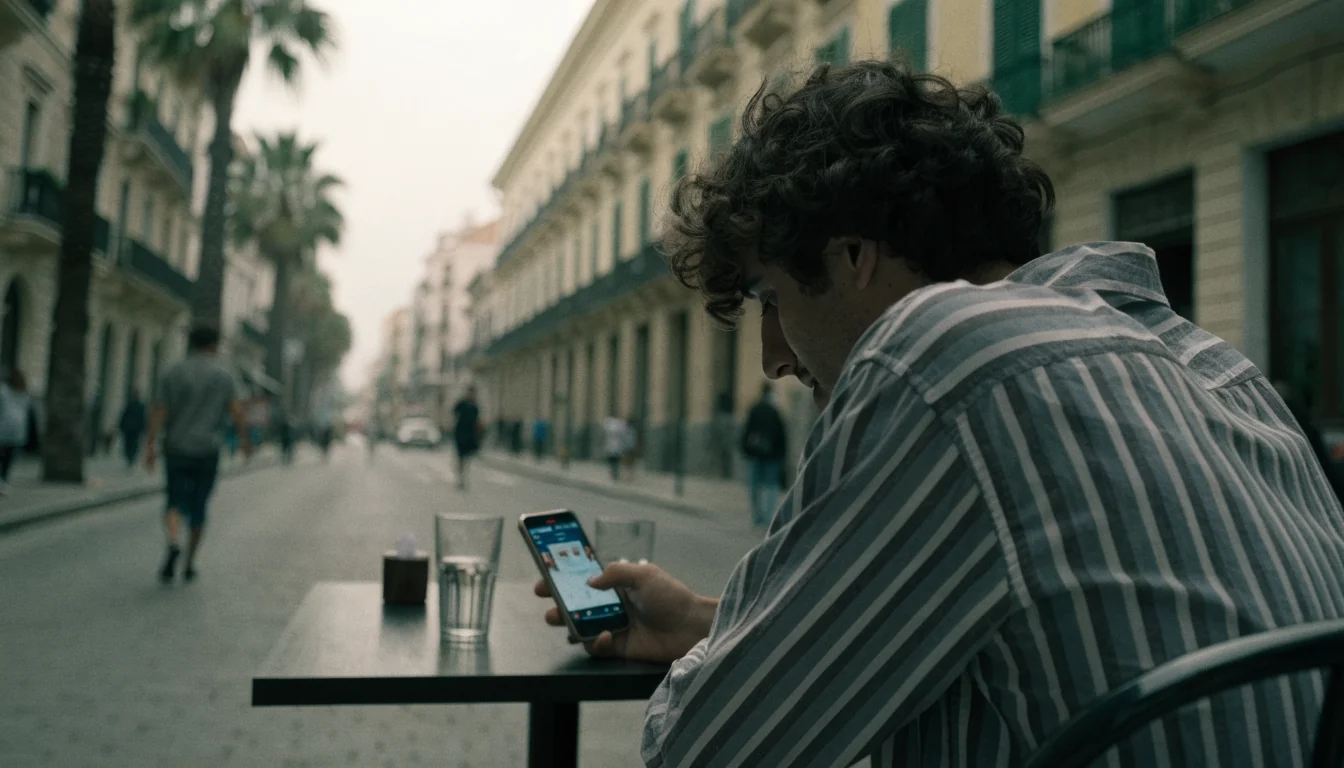 Joven español con smartphone en café bajo sol mediterráneo.