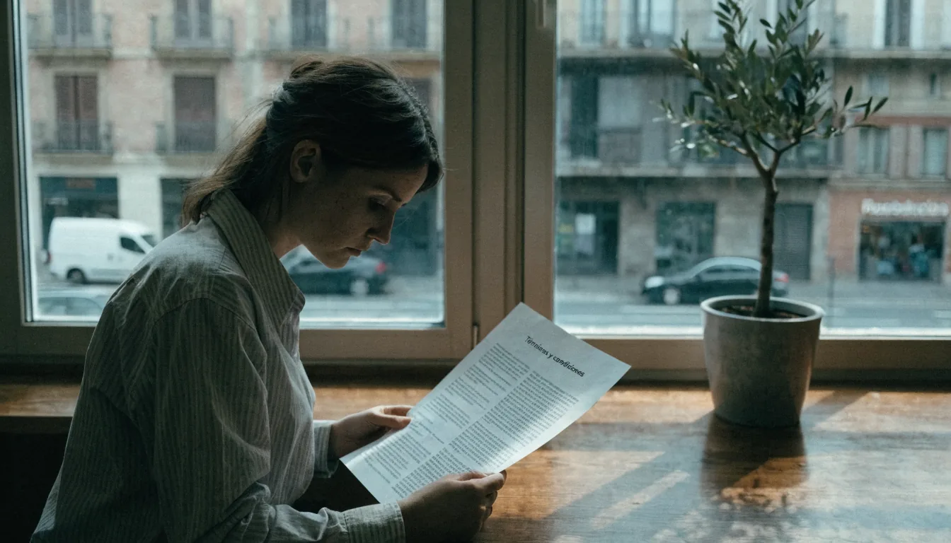 Mujer leyendo términos de uso bajo luz solar, con árbol de oliva.