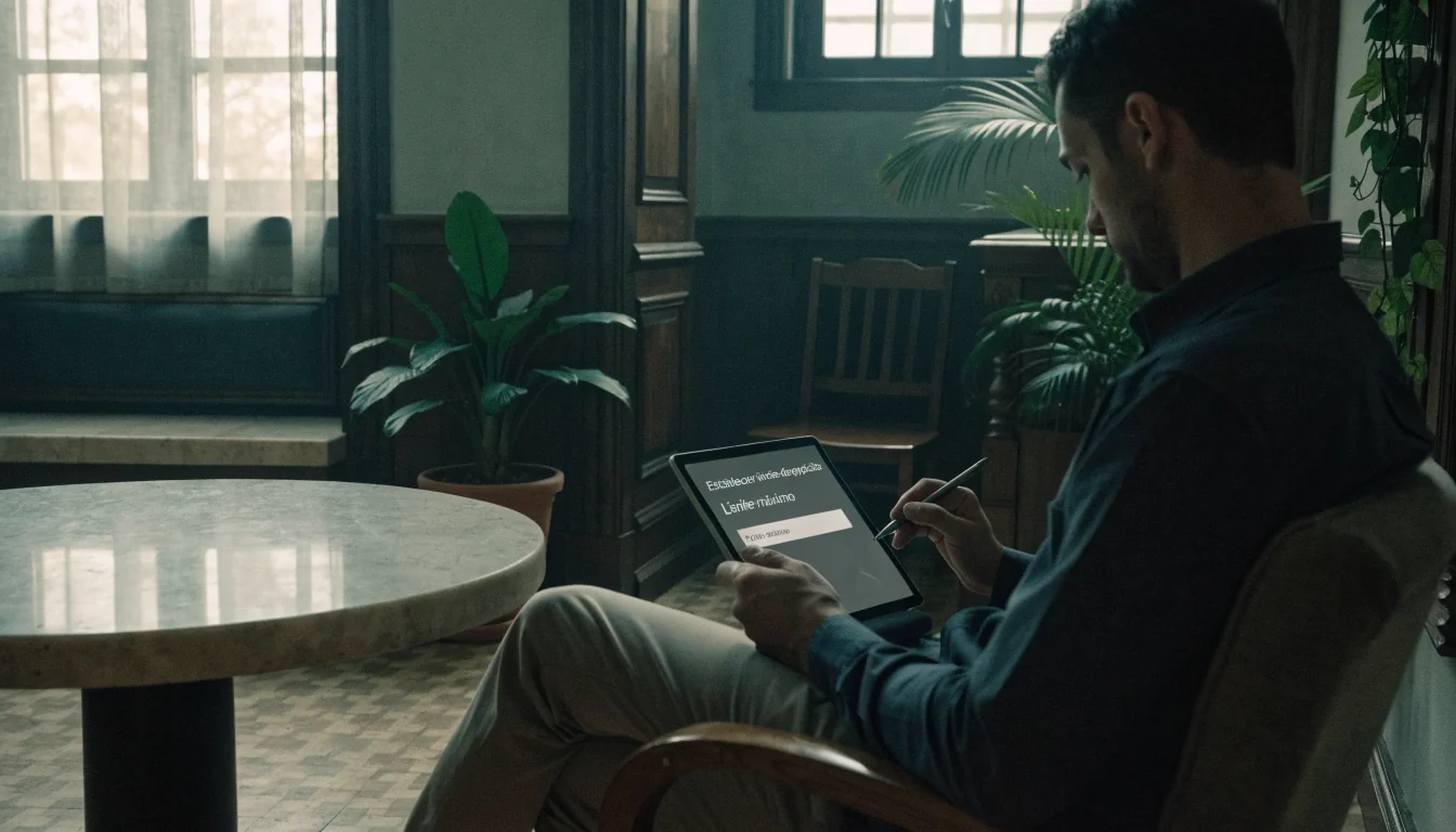 Usuario configurando límites de depósito en tablet en ambiente relajado