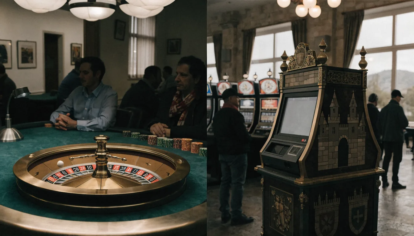 Rueda de ruleta y máquina tragamonedas en sala de casino