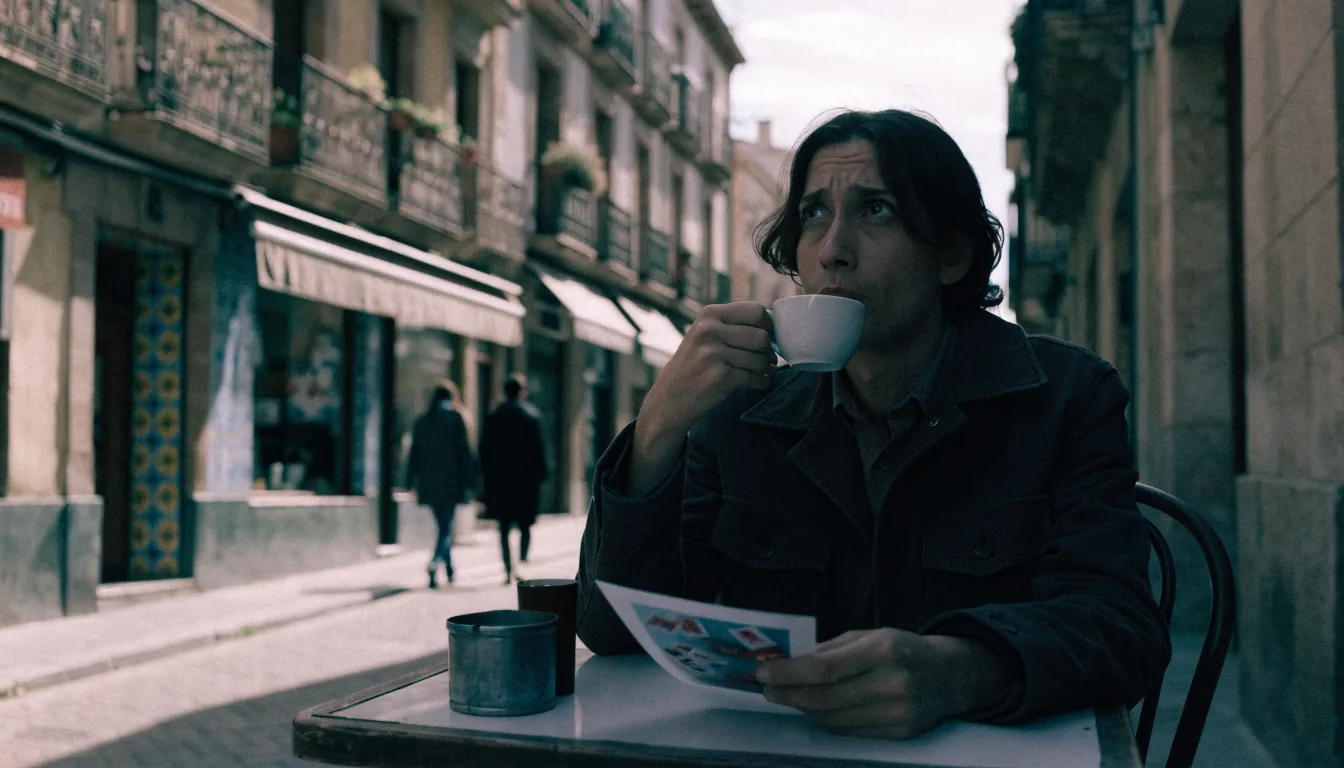 Persona reflexiva en café español con anuncio de juego difuso