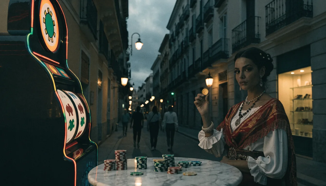 Ilustración vibrante de casino en una calle nocturna de Madrid.