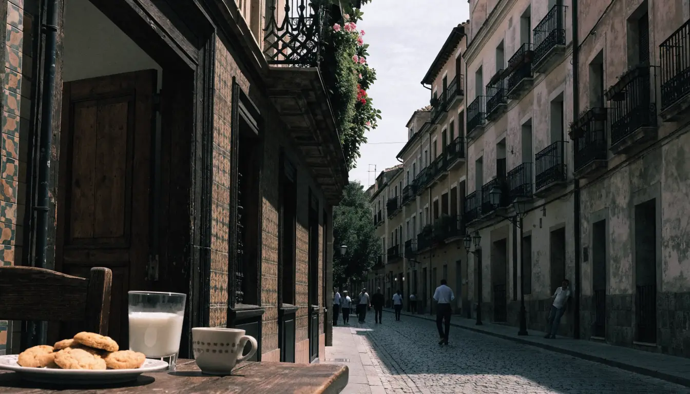 Plato de galletas en mesa de calle española bajo luz cálida