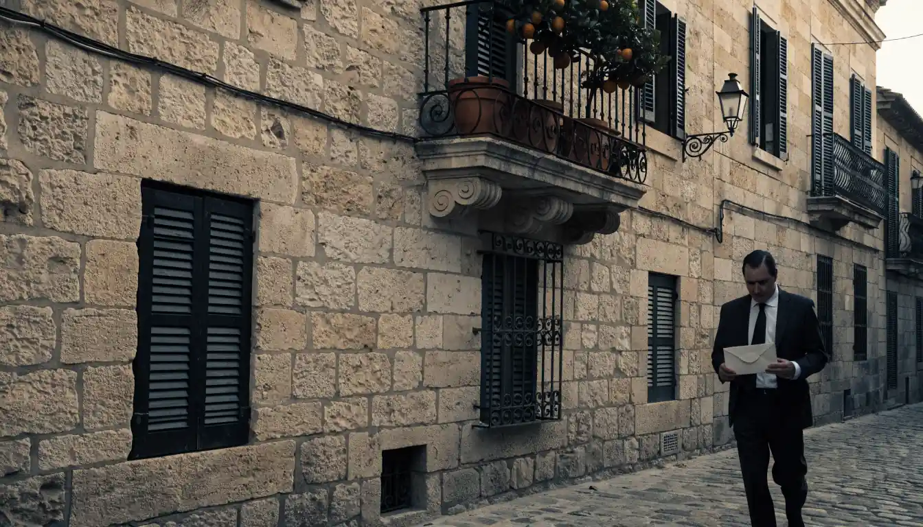 Escena de calle española con edificio histórico y figura con sobre que simboliza privacidad