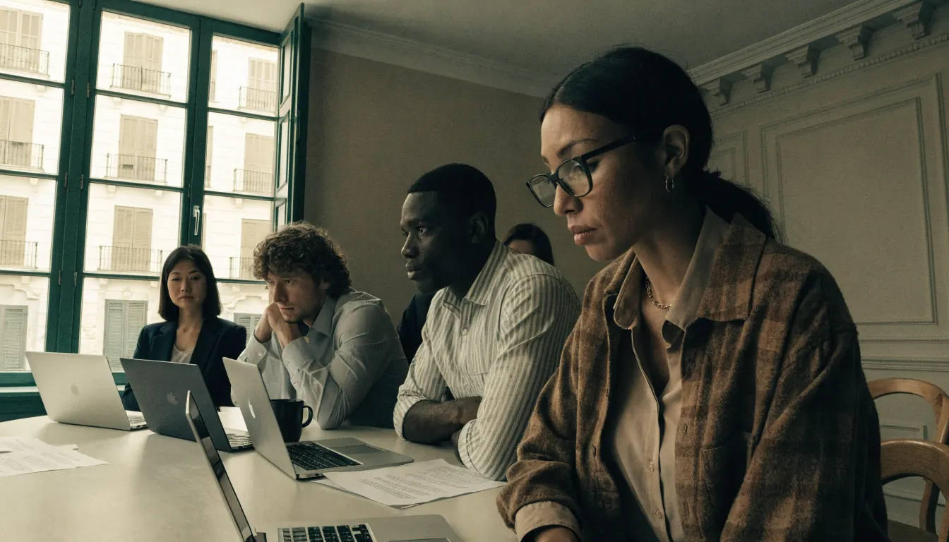 Equipo profesional en oficina española revisando informes de afiliados