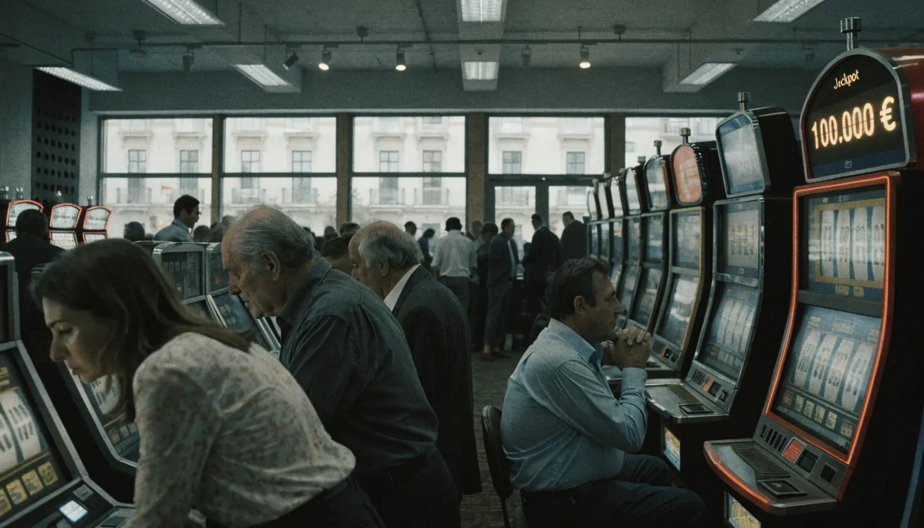 Sala de casino en España con máquinas tragamonedas brillantes y un medidor de jackpot.